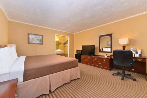 Executive Plus Inn and Suites في إيلك سيتي: غرفه فندقيه بسرير ومكتب وكرسي