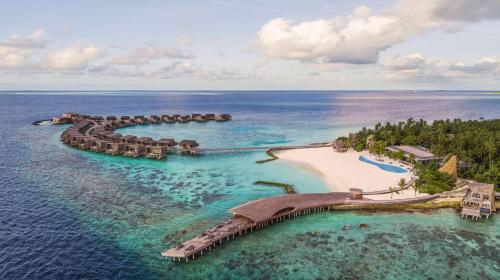 an aerial view of a resort in the ocean at The St. Regis Maldives Vommuli Resort in Dhaalu Atoll