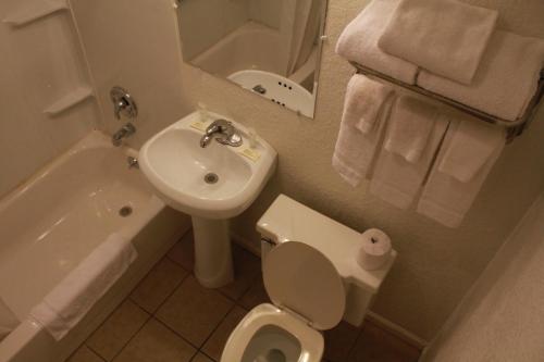 a bathroom with a white toilet and a sink at Royal Inn in Mount Vernon