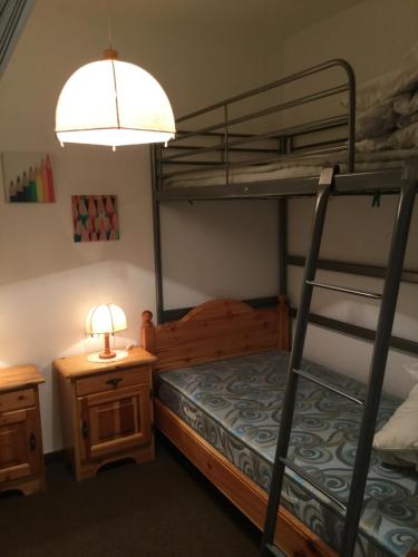 1 Schlafzimmer mit 2 Etagenbetten und einer Lampe in der Unterkunft Disentis in Disentis