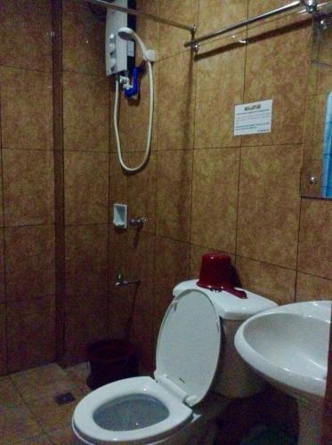 a bathroom with a shower and a toilet and a sink at UKL Ever Resort Hotel in Laoag