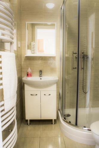 a bathroom with a sink and a shower at Csilla apartman in Hajdúszoboszló