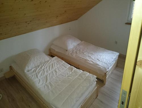 two beds in a room with wooden ceilings at Feriendorf "Am Forsthaus" Mosbach in Mosbach