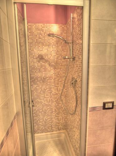 a shower with a glass door in a bathroom at Agriturismo Podere Del Lepre in San Quirico