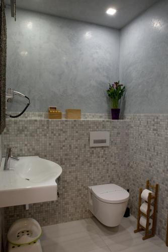 a bathroom with a white toilet and a sink at Bed&Bike Prachatice in Prachatice