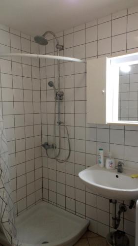 um banheiro com chuveiro e pia em Old Town Charmer em Poreč