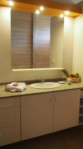 a bathroom counter with a sink and a mirror at Habitation Cantamerle in Capesterre-Belle-Eau