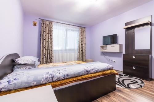 a bedroom with a large bed and a television at Conacul lui Bulică in Novaci-Străini