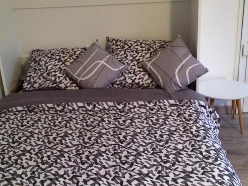 a bed with a black and white blanket and pillows at Safari chic in Lille