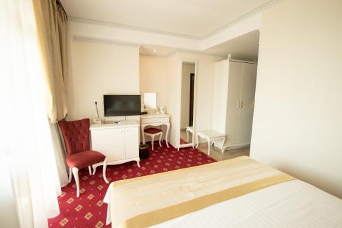 um quarto de hotel com uma cama, uma secretária e uma televisão em MSR Port Hotel em Mangalia