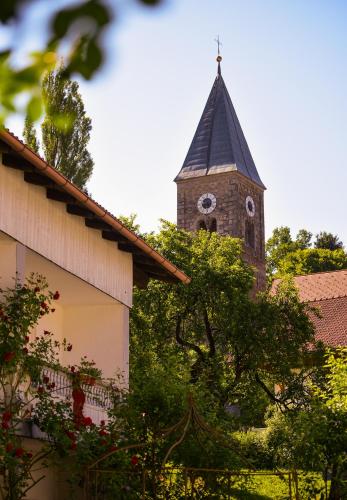 a building with a tower with a clock on it at Landgut Stetter in Schöllnach