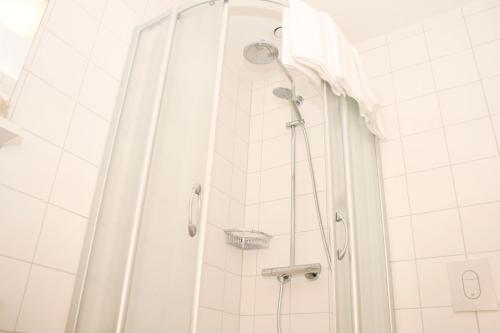 y baño con ducha y cortina de ducha. en Hotel Gasthof zur Post, en Bärnau