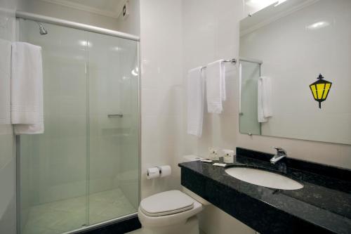 y baño con ducha de cristal, aseo y lavamanos. en Hotel Jardim Europa, en Ijuí