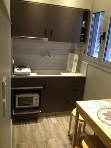 a small kitchen with a sink and a microwave at Aggeliki-Smaro Studios in Neos Pirgos