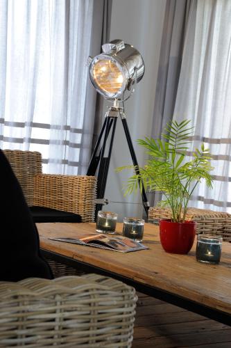 a table with a lamp and a plant on it at Oyster Box Guesthouse in Walvis Bay