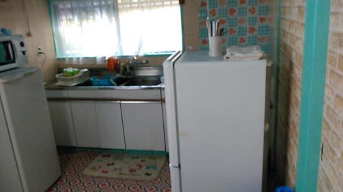 a small kitchen with a refrigerator and a sink at "Cherry House" is Direct to Narita,Haneda AP, Disney, Asakusa, Skytree Tower, Tokyo in Matsudo