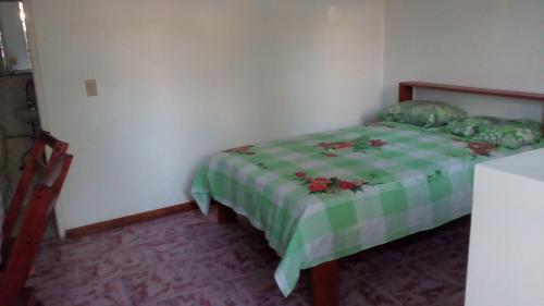 een kleine slaapkamer met een bed met een groene deken bij Hofste appartementen in Paramaribo