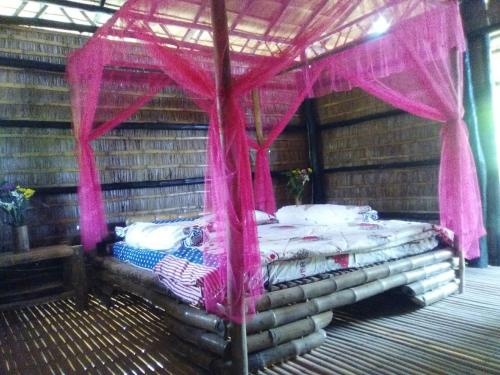 a bed with pink mosquito nets on top of it at Battambang Dream Bungalows in Battambang