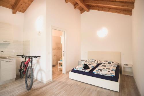 ドロにあるAgriturismo Sarca Houseのベッドルーム1室(ベッド1台、自転車付)