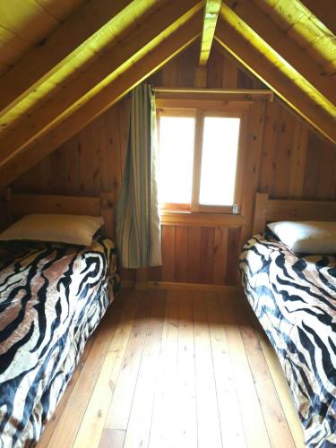 a bedroom with two beds in a log cabin at Chalés Vista Bonita in Urubici