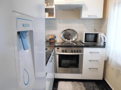 a kitchen with a refrigerator and a microwave at Apartment Mica Old Town in Sarajevo