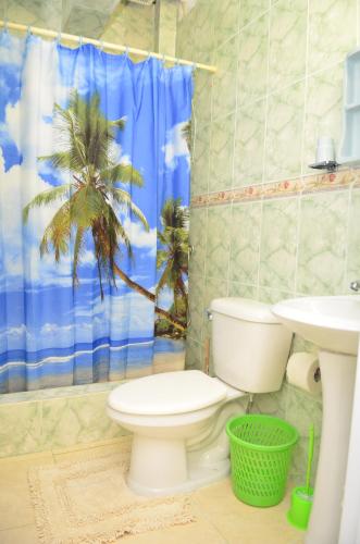 y baño con aseo, lavabo y ducha. en Trade winds vacation rentals, en Anadel