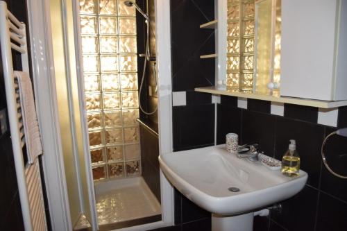 La salle de bains est pourvue d'un lavabo et d'une douche. dans l'établissement Apartment Piazza XXV Aprile, à Laigueglia