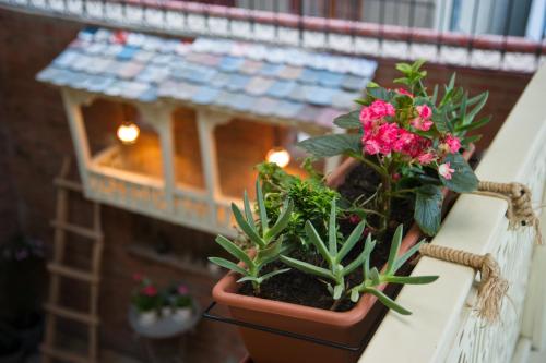 a potted plant on a balcony with a gingerbread house at No12 Boutique Hotel in Tbilisi City