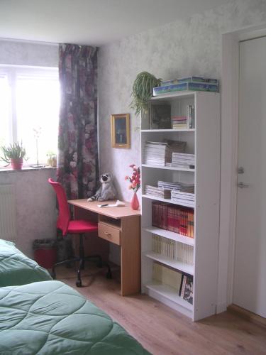 a bedroom with a desk and a book shelf at Bo hos Nancy i Ölme in Kristinehamn