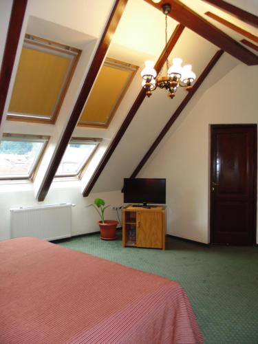 a attic bedroom with skylights and a bed and a tv at Curtea Brasoveana in Braşov
