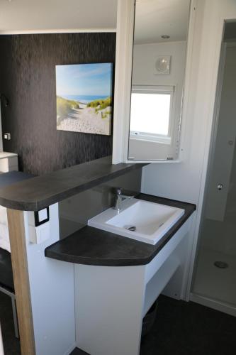 a bathroom with a sink and a mirror at Stadscamping Zeeland in Middelburg