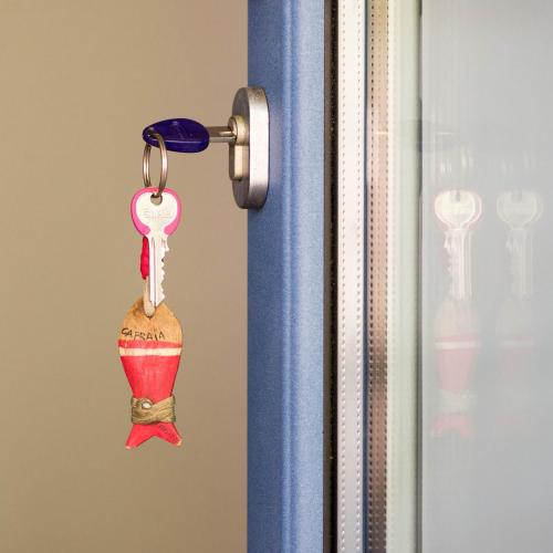 a key chain hanging from a door at Il Gamberino in Capraia