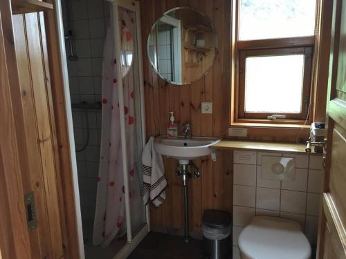 a bathroom with a sink and a toilet and a mirror at Vestri Pétursey in Vestri Pétursey