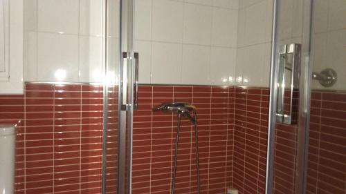 a shower in a bathroom with red tile at Apartamento Gallego VUT-PO-02510 in Sanxenxo