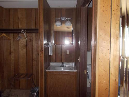 a bathroom with a sink and a wooden wall at Atomic Inn Beatty Near Death Valley in Beatty