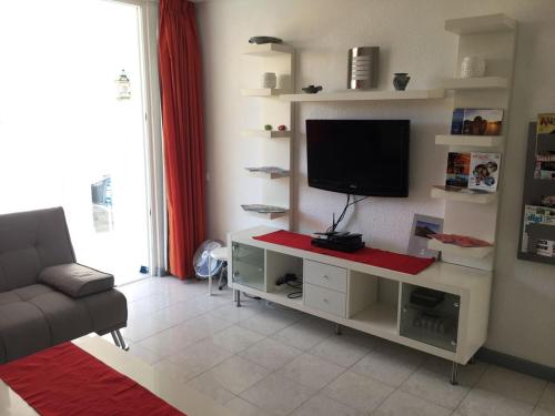een woonkamer met een flatscreen-tv op een plank bij Apart Hotel Ponderosa in Playa de las Americas
