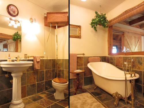 Duas fotografias de uma casa de banho com uma banheira e um lavatório. em Kohala Lodge- Vacation Rental House em Hawi