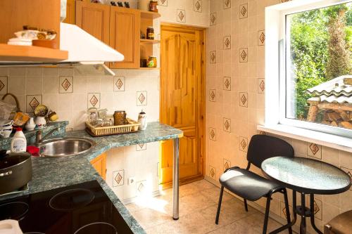 una cucina con bancone e lavandino e una finestra di Anniņas a Ventspils