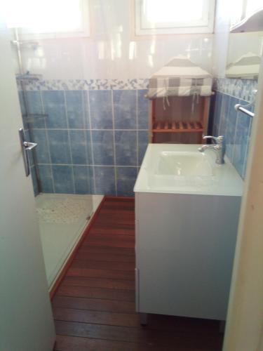 une petite salle de bain avec un lavabo et une douche dans l'établissement Maison du Port, à Narbonne-Plage