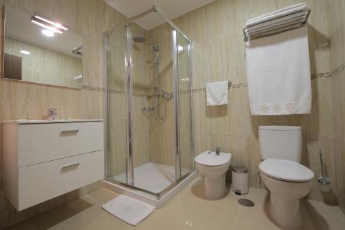 a bathroom with a toilet and a glass shower at Pensiunea Perla Martiniei NSD in Martinie