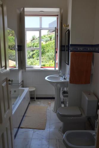 a bathroom with a sink and a toilet and a window at Casa da Ponte do Arrocho in Loriga