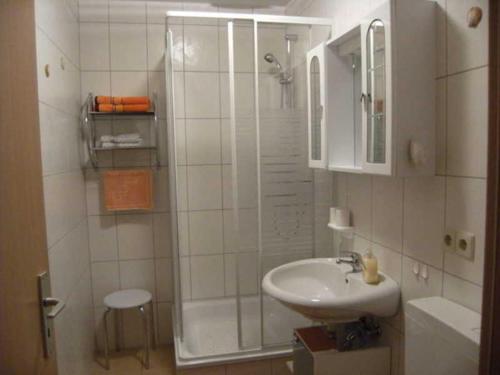 a white bathroom with a sink and a shower at Gemuetliche Fewo Sonnenuntergang W in Dwasieden