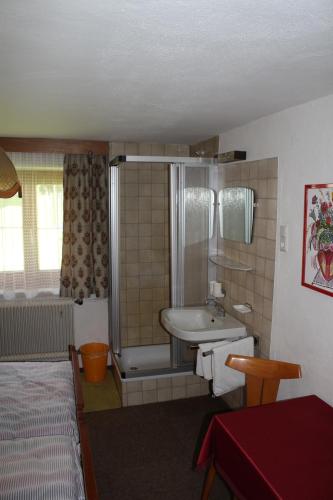 a small bathroom with a sink and a shower at Rudighof in Pettneu am Arlberg