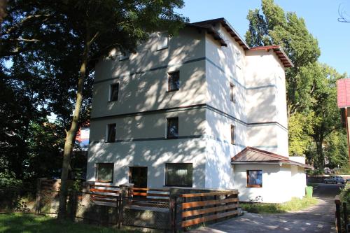 a white building with a tree in front of it at Pensjonat Limba in Duszniki Zdrój