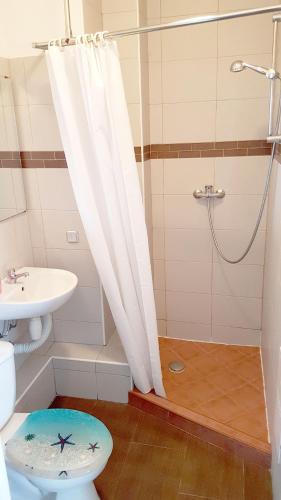 a bathroom with a shower and a toilet and a sink at Walk distance to mokotow business park in Warsaw