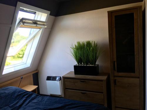 a bedroom with a bed and a plant on a dresser at Ameland Rentals Hollum in Hollum