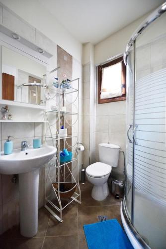a bathroom with a sink and a toilet and a shower at Beautiful Sani Villa in Sani Beach