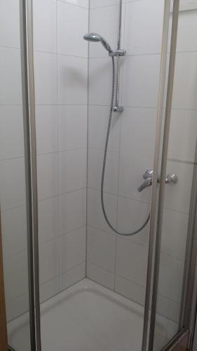 a bathroom with a shower with a glass door at Ferienwohnung am Meer in Scharbeutz