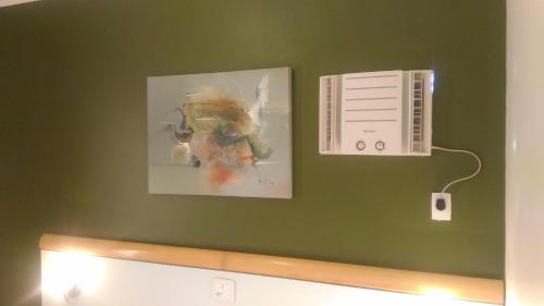 a green wall with a picture on the wall at Apart Hotel Quartier Latin in Vitória