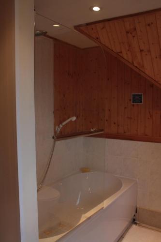 a bath tub with a shower in a bathroom at Harbour House Bed & Breakfast - Wick in Wick